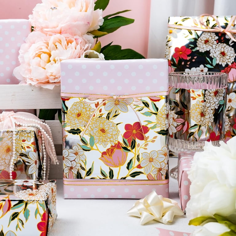 HOMERAL Reversible Floral Wrapping Paper, Pink Flowers, 17" x 33 Feet photo 5