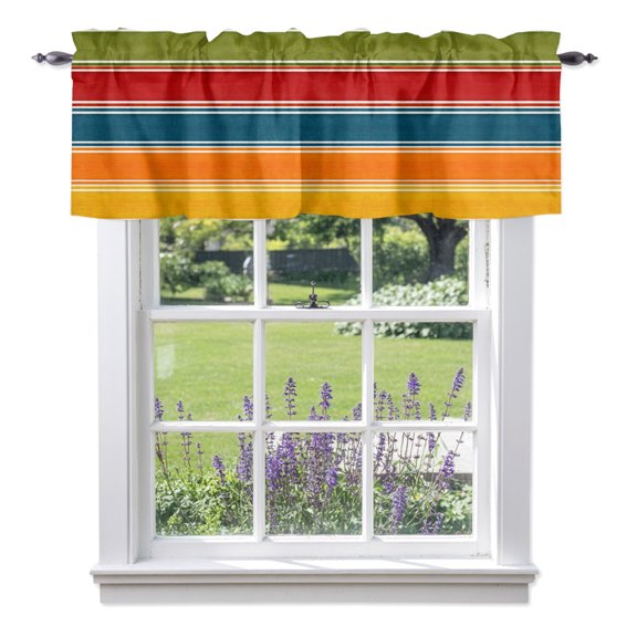 Red Blue Stripes Valances for Windows, Classic Green Orange Yellow Parallel Bands Striped Valance Window Treatment Rod Pocket Short Curtains Valances for Kitchen Bathroom 56"W x 16"L