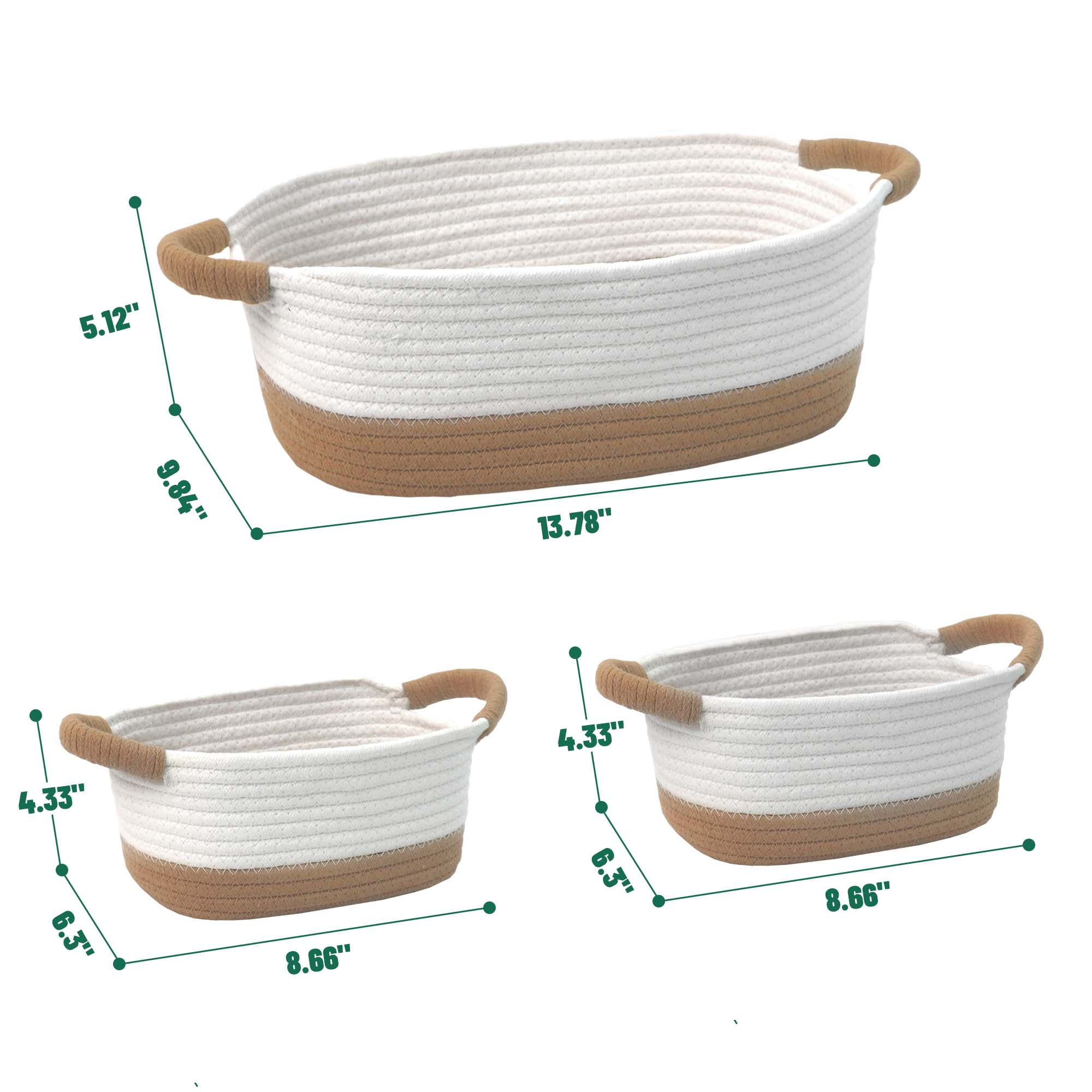 Caroeas 3-Piece Small Cotton Rope Basket, Woven Storage Basket Set, Nesting Bins for Organizing Shelves, Baby, Nursery, Toy Storage, Montessori, White and Brown