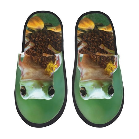 Balery Tree Frog Sitting On Sunflowes Slient Indoor Furry Fleece Comfort House Shoes Soft Non-Slip Home Shoes Cotton slippers House Slippers-- Large