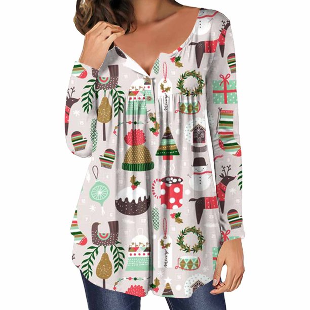 Pntutb Mujer Casual Navidad Impreso Jersey Cuello Redondo Manga Larga Botones Blusa tops Pntutb Pntutb-2343