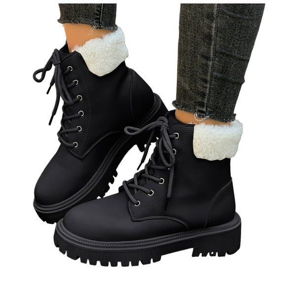 Fuzzy Snow Boots for Women Lace up Waterproof Leather Winter Combat Booties Lug Sole Warm Outdoor Ankle Boots