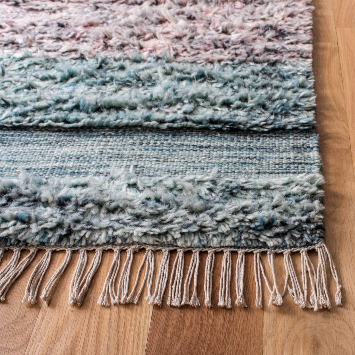 SAFAVIEH Casablanca Aiden Striped Wool Shag Area Rug, Turquoise/Pink, 5' x 8'