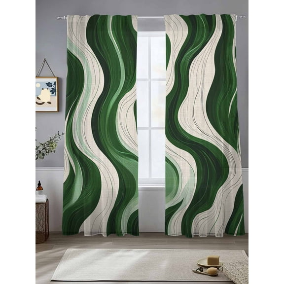 Geometric Green Sheer Curtains for Living Room Bedroom Vintage White Stripe Coastal Sea Wave Sheer Curtains 84 Inch Long 2 Panels Set Light Filtering Curtain Window Treatments Drapes for Dining Room