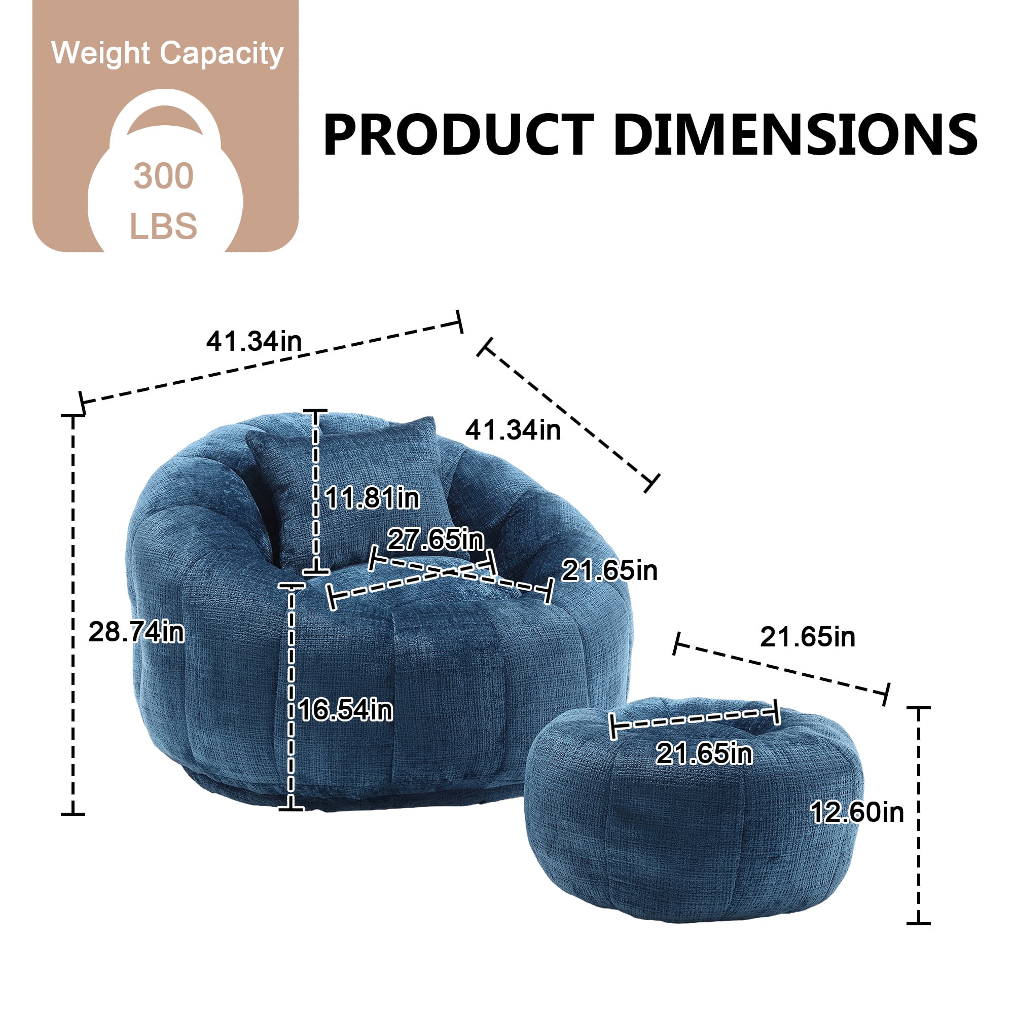 Chenille Upholstered Round Lazy Cozy Bean Bag Chair with Ottoman-Navy Blue