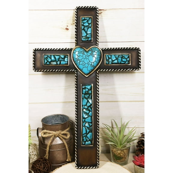 Rustic Southwestern Crushed Turquoise Gemstones with Sacred Heart Wall Cross