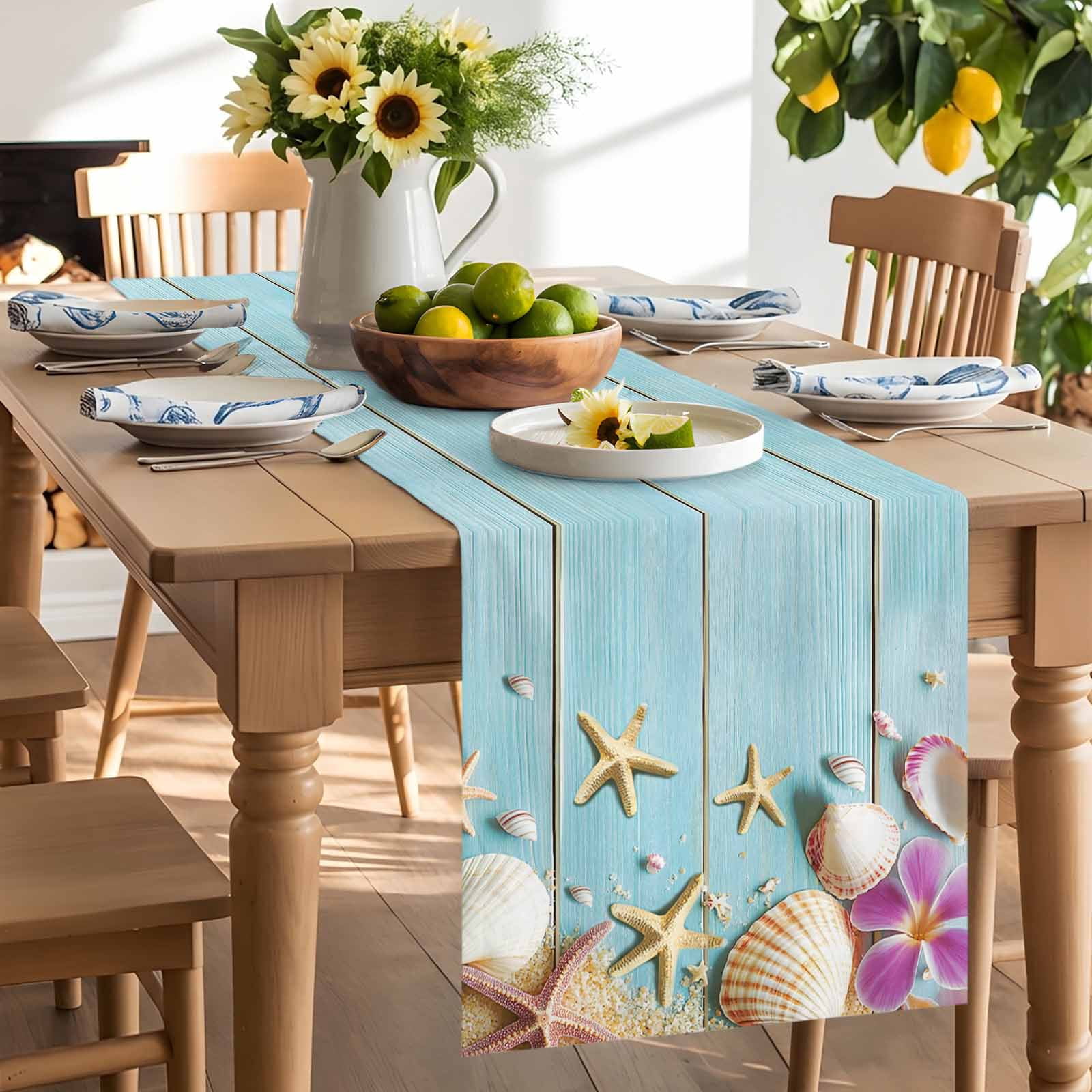 Summer Shell Starfish Flower Table Runner 90 Inches Long, Farm Blue Wood Board Table Runners Tabletop Scarf Kitchen Dining Tables Decoration for Home Party Indoor Outdoor