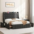 thumbnail image 2 of Bed Frame with Storage - 4 Underbed Drawers & Wingback Headboard, Built-in Charging Station Ports, Diamond Tufted Upholstered Platform, No Box Spring Needed, Sturdy Steel Frame, 2 of 9