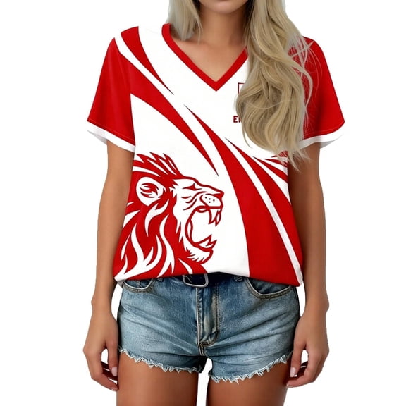 Women's V-Neck Short Sleeve Sports Tee, England Lion Graphic Print Casual Shirt, Breathable Loose Fit Summer Top, Trendy Soccer Fan Jersey for Game Day and Daily Wear