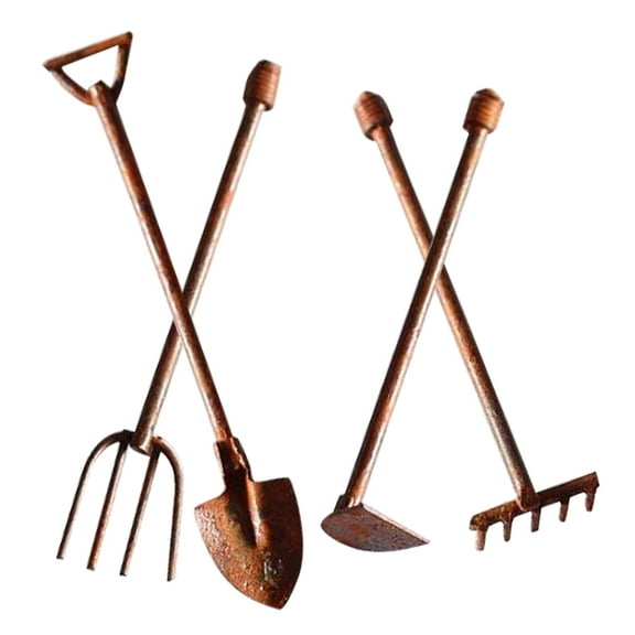 QIFULL 4Pcs Mini Tool Decor Miniature Garden Tools Zinc Alloy Brown Retro Design for Garden Lovers