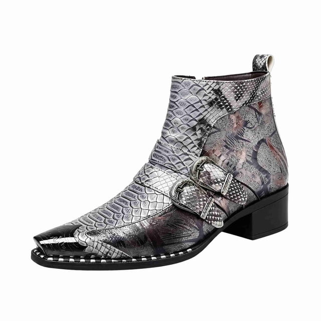 Men's Python Print Double Buckle Chelsea Boots - Vintage Pointed Toe Ankle Boots with Side Zipper, Comfortable Low Heel