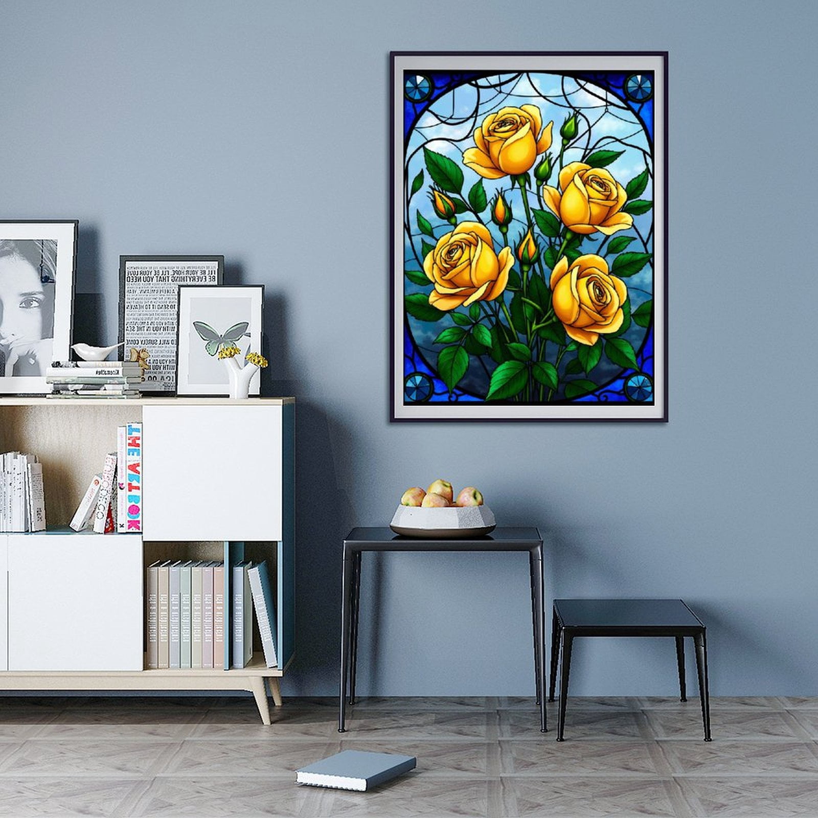 Diamond Art Kit for Adults, Yellow Roses Stained Glass Art Diamond Painting for Adults Beginners, DIY Diamond Art Painting Kits, 5D Diamond Painting Crafts for Home Decor 12x16 Frameless