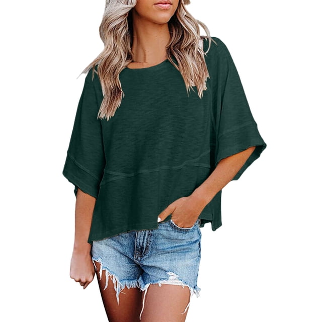 Blusa de manga media con cuello redondo lisa y casual para mujer: top de poliéster transpirable para el día a día o el trabajo, ligero y resistente a las arrugas