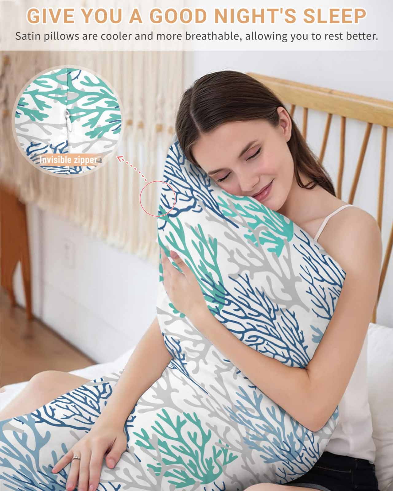 Blue Teal Grey Coral Coastal Pillow Cases Body Size, Smooth Satin Pillowcase for Hair and Skin, Summer Beach Nautical Ocean Decorative Cooling Bed Pillow Covers with Zipper, 20x54 Inches
