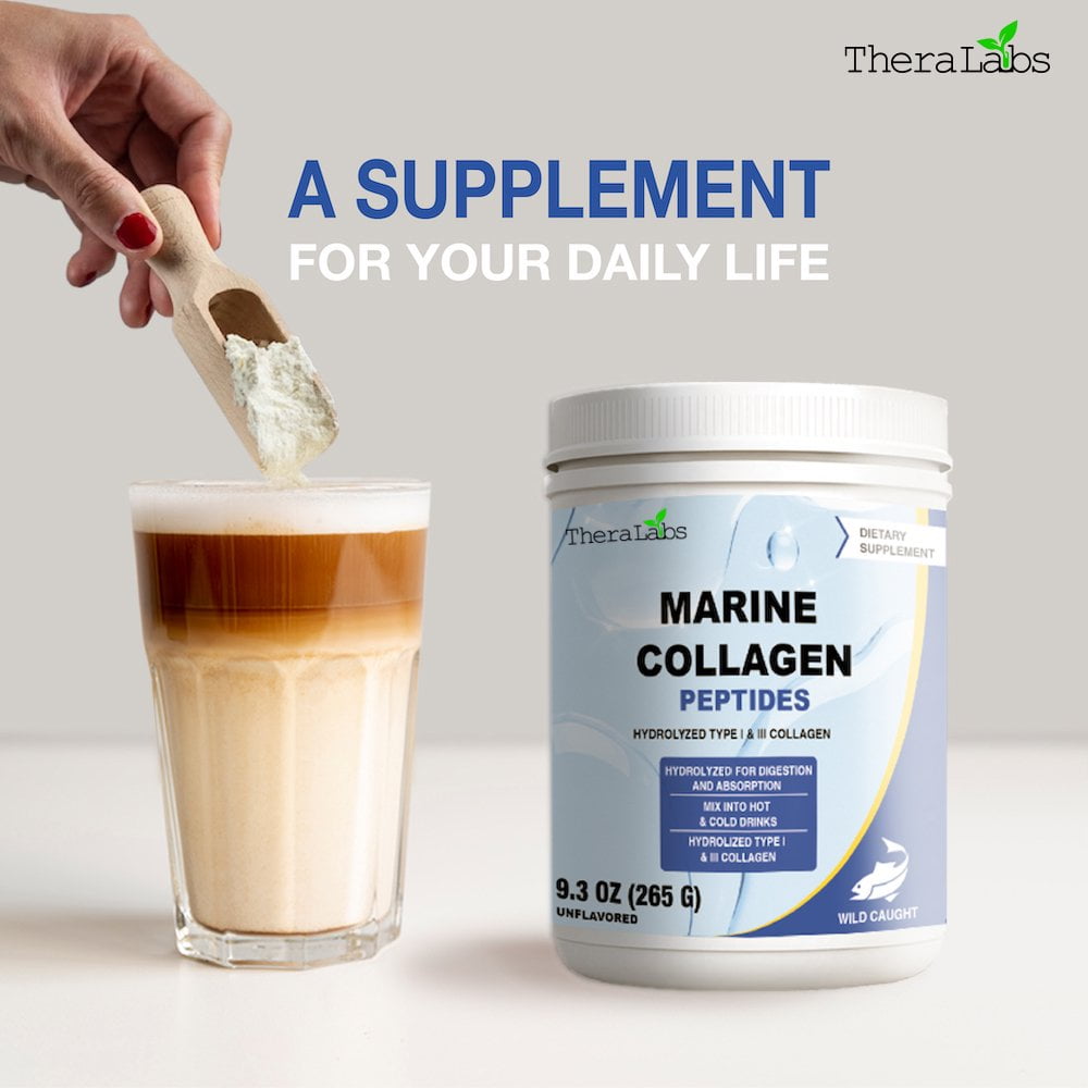TheraLabs Marine Collagen Peptides 9.3oz (265g) Wild Caught Fish Hydrolyzed Type I & III Collagen - Kosher - Supports Healthy Skin, Nails & Hair - 26 Servings - 4PK