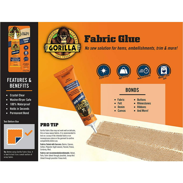 Gorilla Fabric Glue High Strength Adhesive Waterproof Clear, 2.5 fl oz, 2  Pack