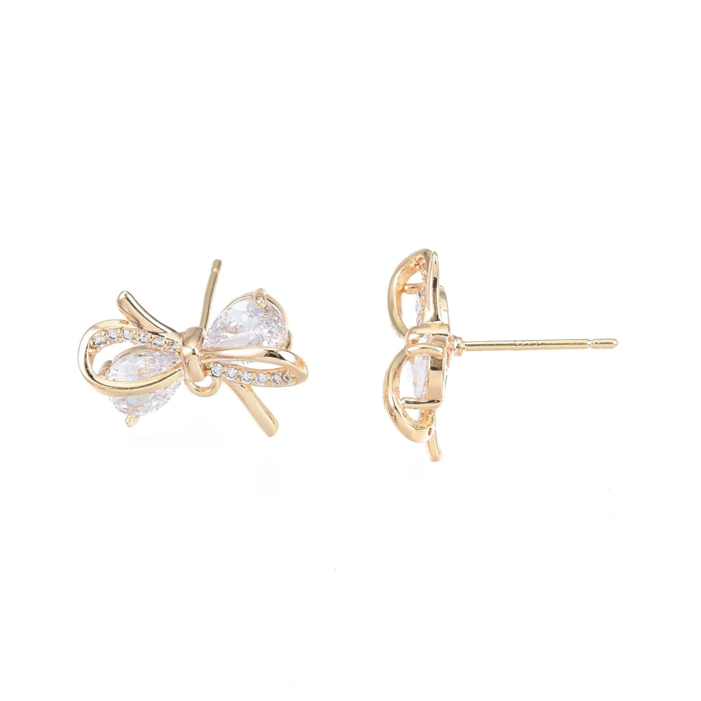 10 Pair Brass Micro Pave Clear Cubic Zirconia Stud Earring Findings Nickel Free Bowknot Real 18K Gold Plated 12.5x17.5mm Hole: 1.2mm