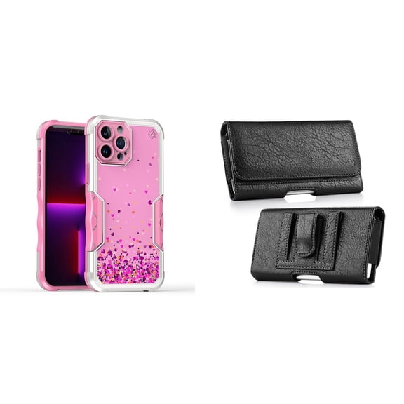 Case and Pouch Bundle for iPhone 14 Pro Max: Heavy Duty Armor Rugged Case (Pink Floating Hearts) and Coin Card Wallet Belt Holster
