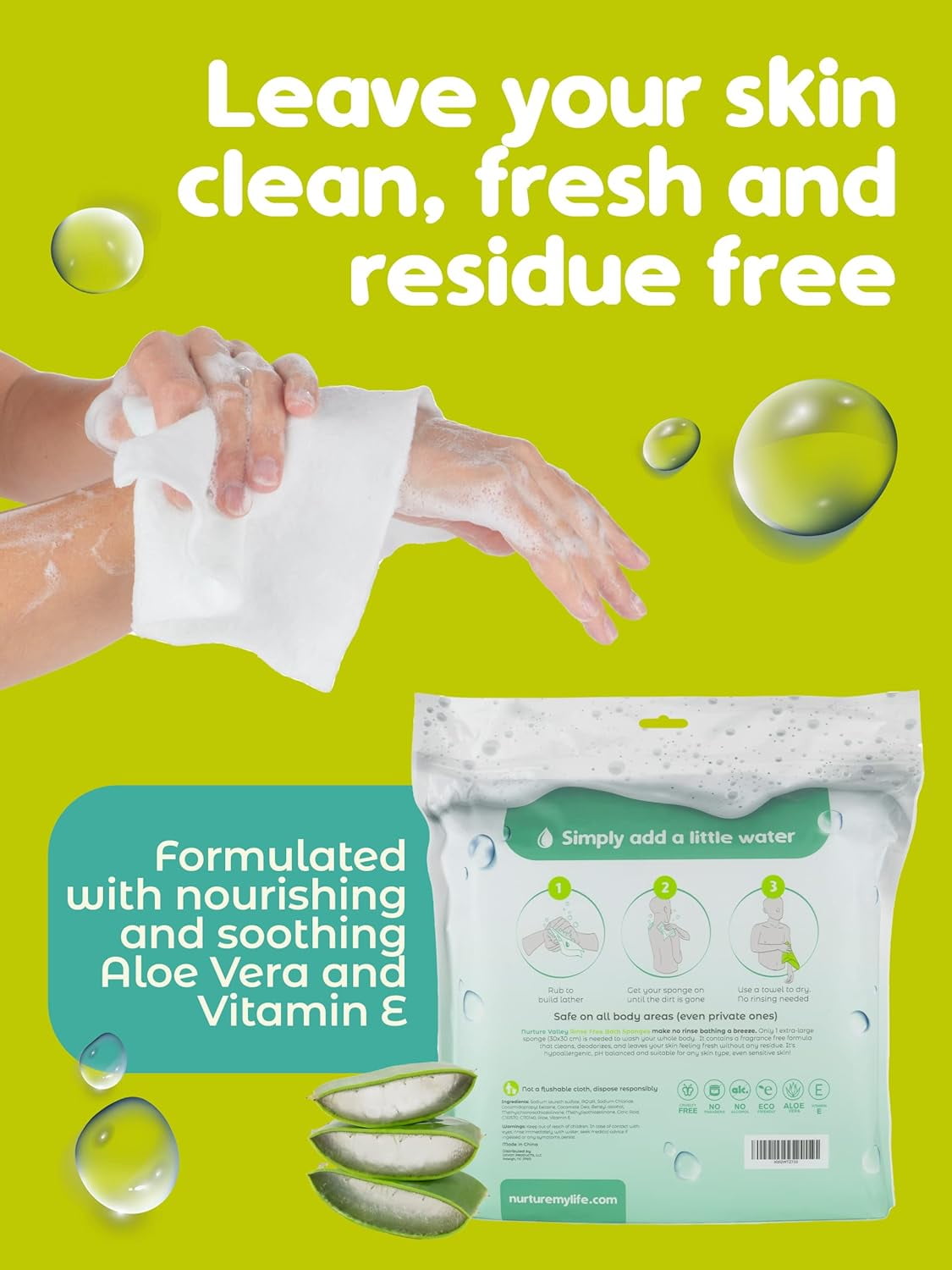Nurture Sponge Bath Wipes, Large Disposable Wash Cloths for Adults, Seniors, & Bedridden, No Rinse Camping Travel Essentials, 90 Count