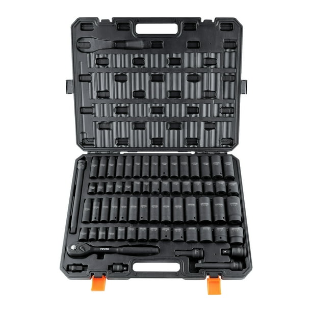 Juego de Llaves de Vaso de Impacto VEVOR 65 Piezas 1/2' SAE 3/8' a 1-1/4' y Metricas 10 a 24 mm