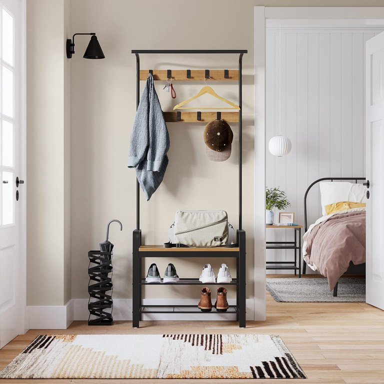 Coat Rack, Hallway Tree with Shoe Changing Bench for Entry