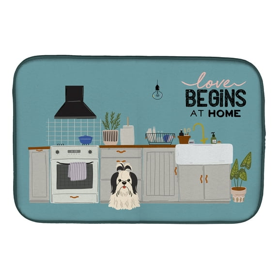 Black White Shih Tzu Kitchen Scene Dish Drying Mat