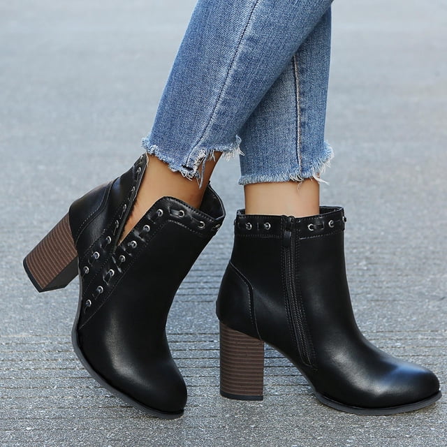 Zapatos occidentales para mujer, tacones gruesos y gruesos, botines para mujer, zapatos con cremallera Retro Wmkox8yii hfjk631