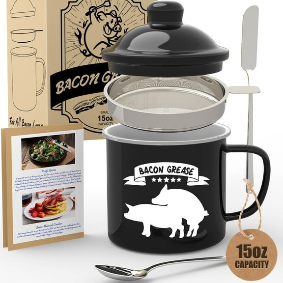 CINNIE&JHIN Bacon Grease Container with Strainer - With Food-Grade Spatula and Spoon, Farmhouse Enamel Bacon Grease Saver, Fat Keeper, Recipes, Dishwasher Safe, 15OZ, Black