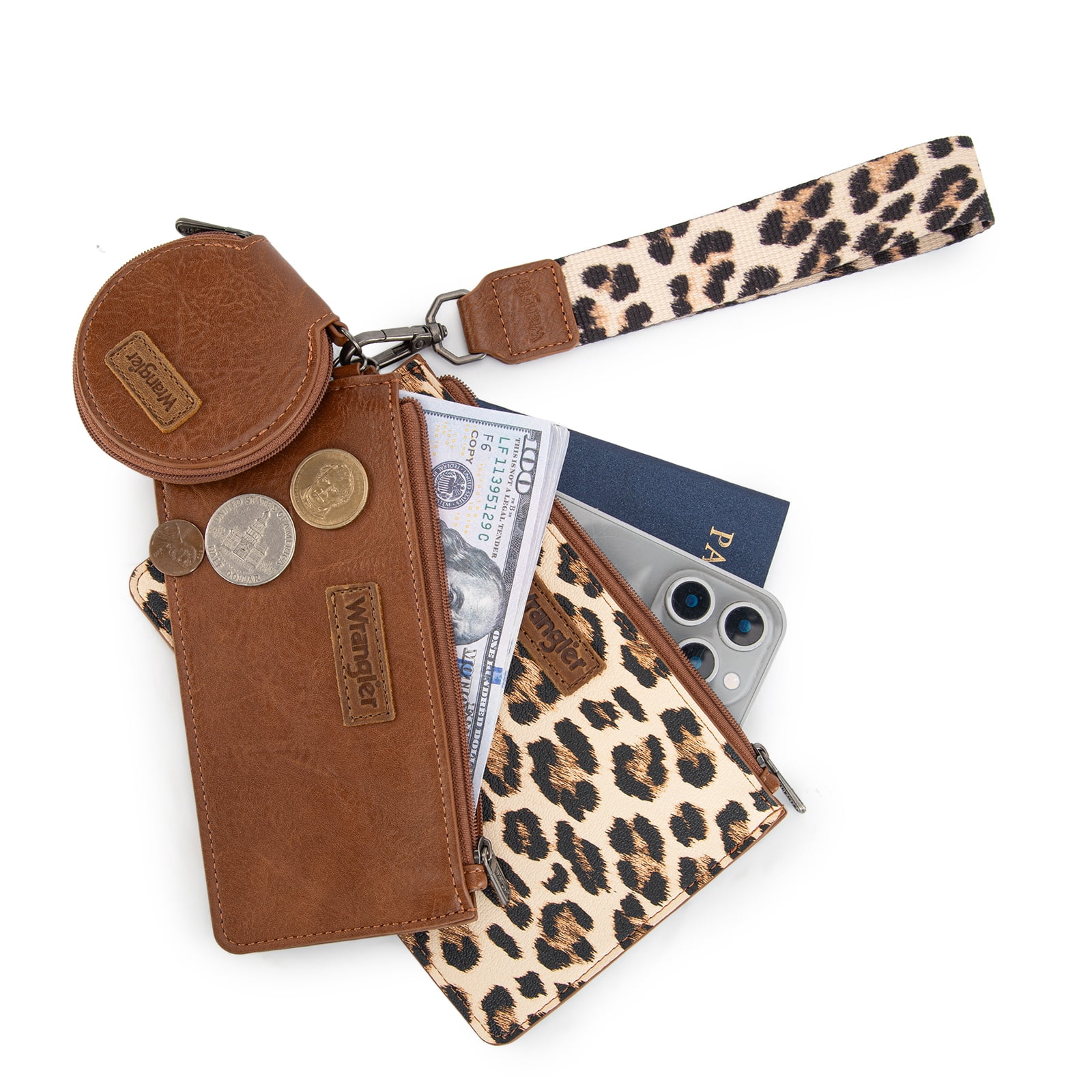 Wrangler Women's Keychain Wristlet Wallet Dual Pouch Design with Zipper Coin Purse, Spacious & Easy to Carry, Leopard