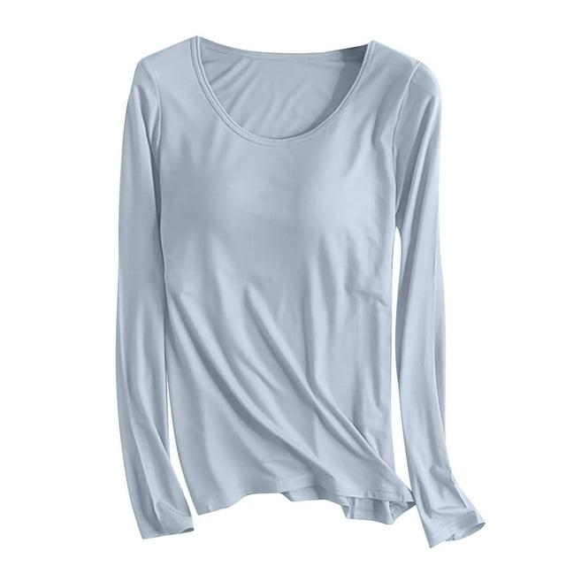 AherBiu Hauts Grande Taille pour Femmes Automne Manches Longues Pyjama Doux avec Soutien-Gorge Intégré Col Rond Confortable T-Shirts