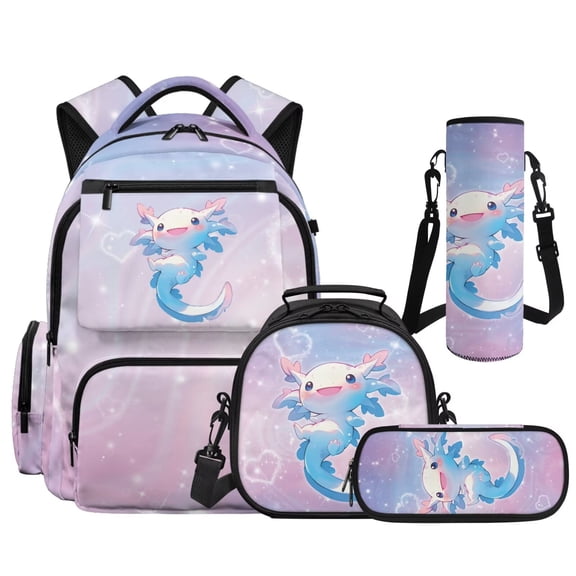 KUIFORTI Blue Axolotl 4Pcs Boys School Bag Set, Backpack with Lunch Box Pencil Pouch Water Bottle Sleeve, Cool Style Bookbag for Elementary Primary Middle School Students