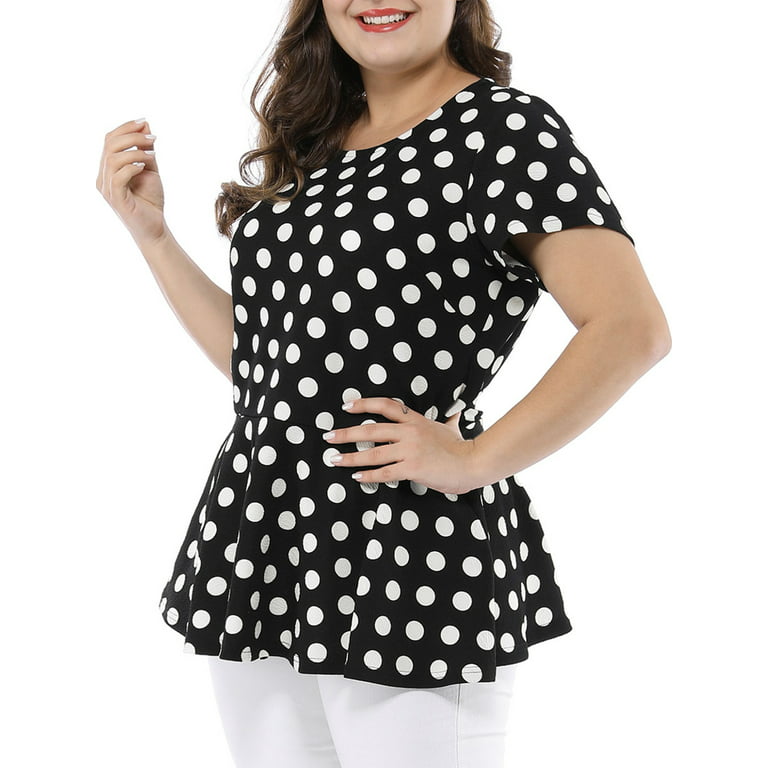 Unique Bargains Women's Plus Size Short Sleeves Polka Dots Peplum Top 