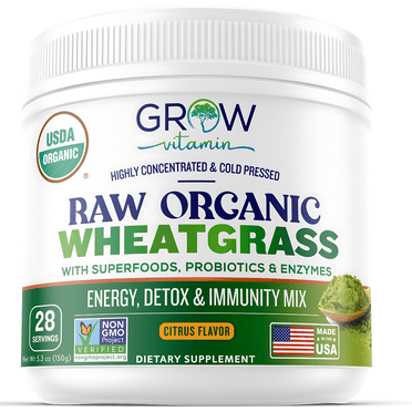 Grow Vitamin Raw Organic Wheatgrass Juice Powder - USDA Certified Organic Wheatgrass Powder w/ Chlorophyll, Trace Minerals & Natural Enzymes - Ultra-Concentrated - Lemon Flavor w/ Stevia