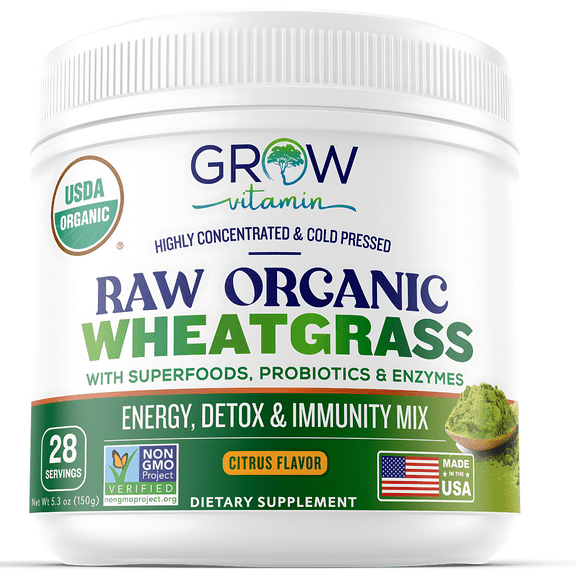 Grow Vitamin Organic Wheatgrass Juice Powder, USDA Certified, Lemon Flavor, 8 oz