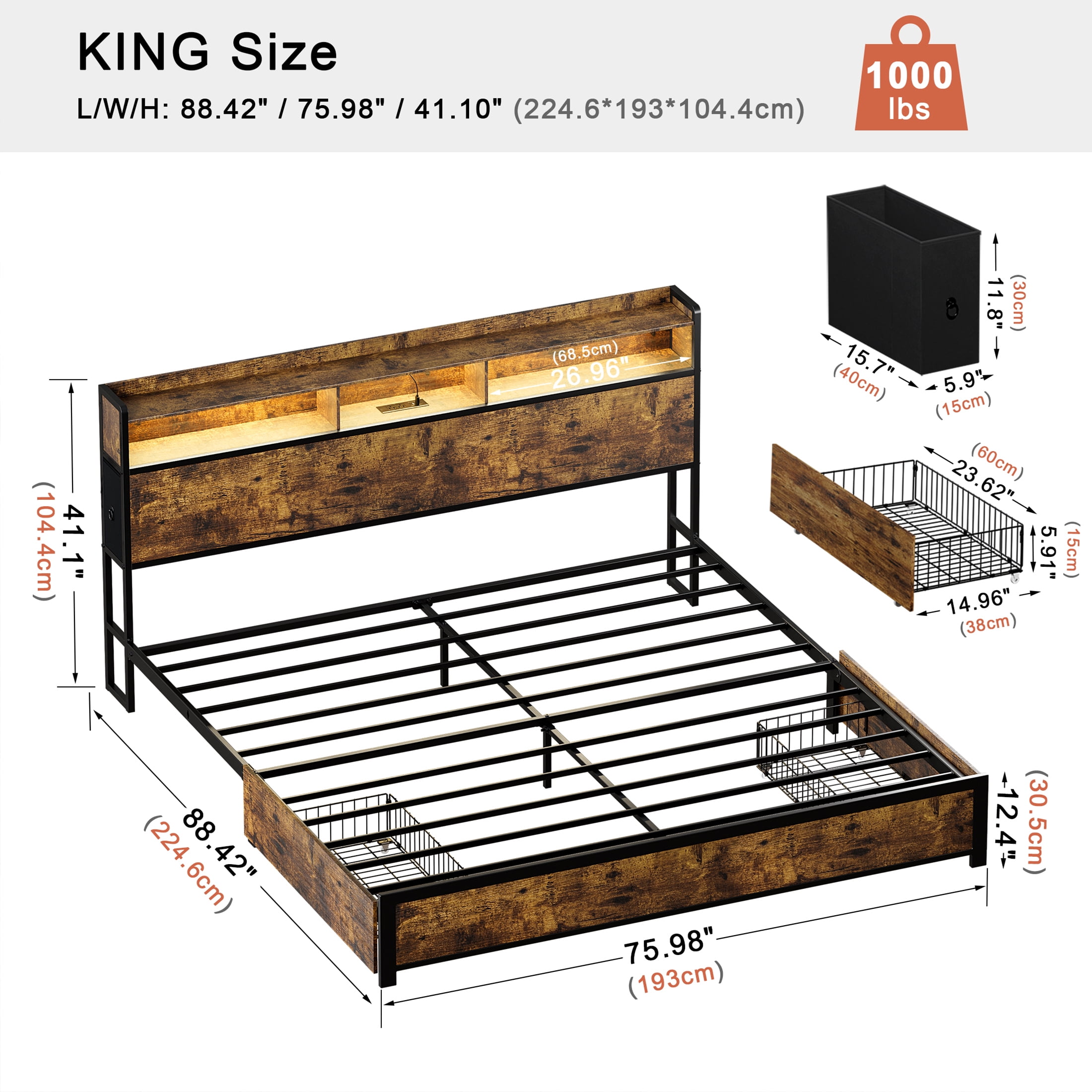 GUNAITO King Bed Frame with 2 Drawers Headboard Platform Bed Frame with LED Lights Charging Station Rustic Brown