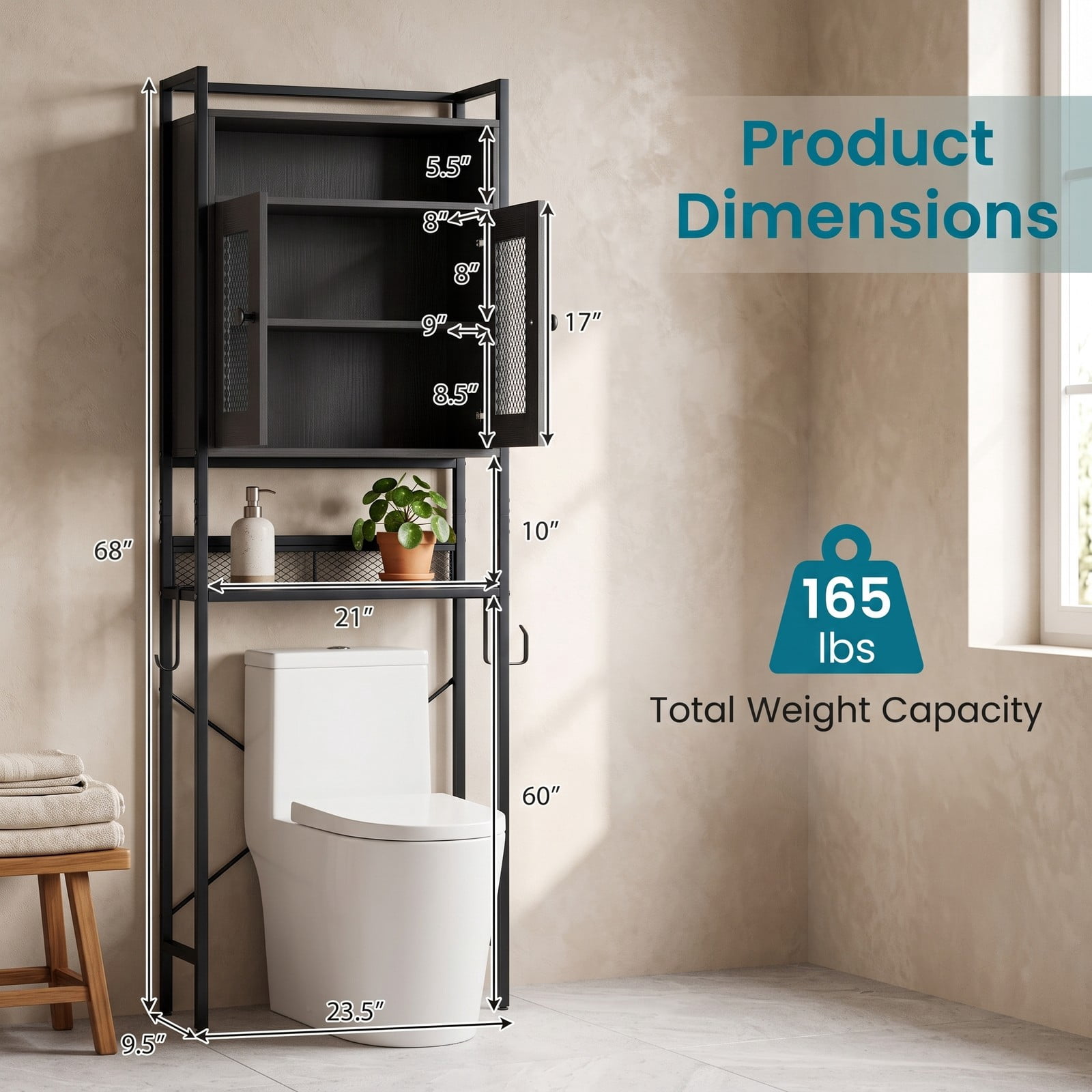 ALPULON Freestanding Over the Toilet Storage Cabinet with Heavy Duty X-Shaped Metal Frame and 2 Breathable Mesh Doors, Black
