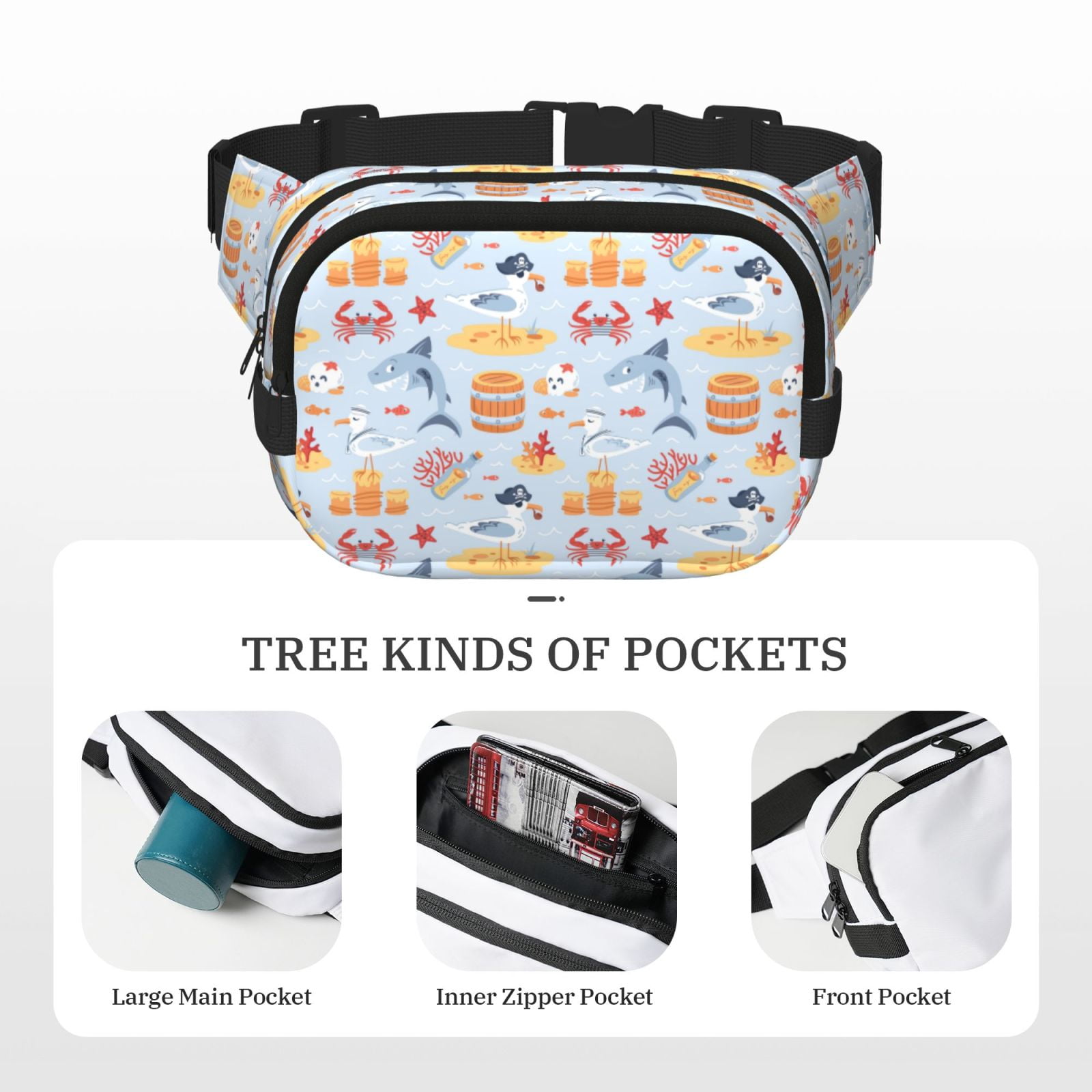 Fuzoiu Cute Shark Print Unisex Square Double Layer Waist Bag,Crossbody Fanny Pack Travel Workout Accessory
