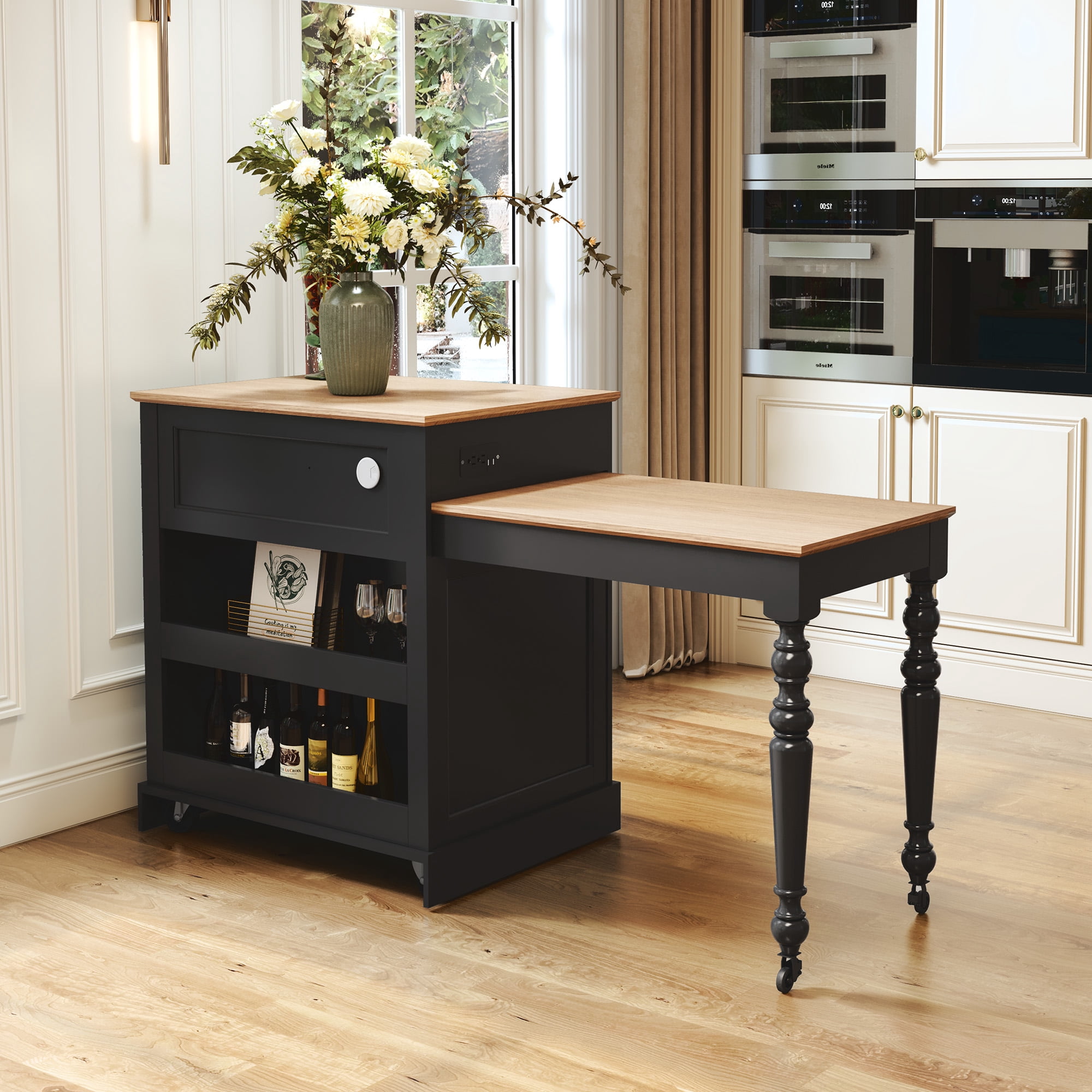 HLR 78.74" Mid-Century Extendable Kitchen Islands on Wheels with Roman column legs, Dining Table Cart with Storage, Black