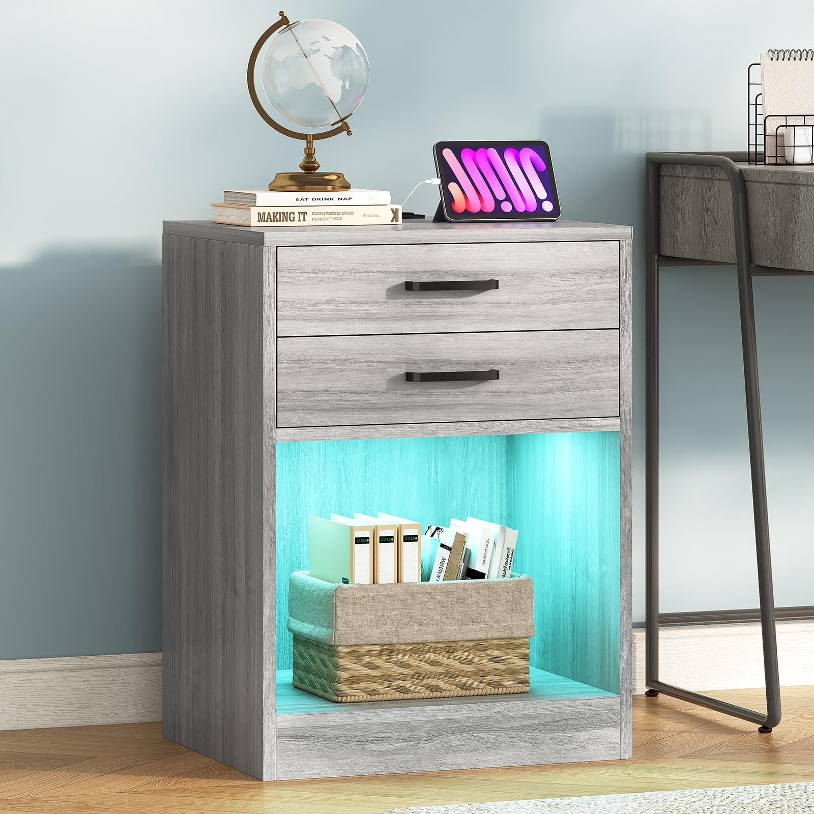 Nightstands Set of 2,LED Night Stands Bedside Table with Drawers for Bedrooms,Nightstand with USB Ports Charging Station and LED Lights, Grey