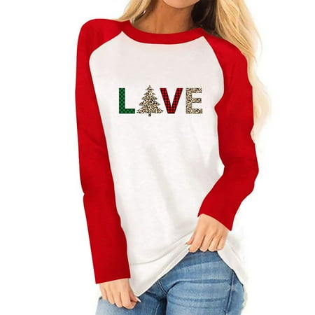 

TZNBGO Long Sleeve Tops for Women Women s Patchwork Color Block Christmas Shirt Holiday Season Gift For Lover T shirt Ladies Fit T shirt LOVE Christmas Top Raglan Printed Top Red M Corset Tops F42374