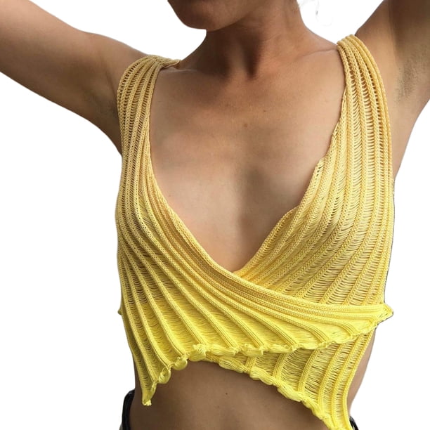 Txlixc Camiseta de verano para mujer con cuello en V profundo sin mangas de punto cruzado Txlixc Sexy