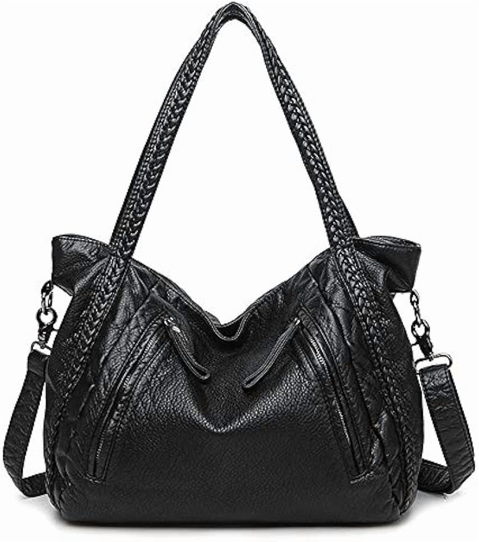 Black Soft Leather Shoulder Purses for Women Large Size Tote Handbags Slouchy Hobo Bags Big Capacity Trendy Shoulder Purse