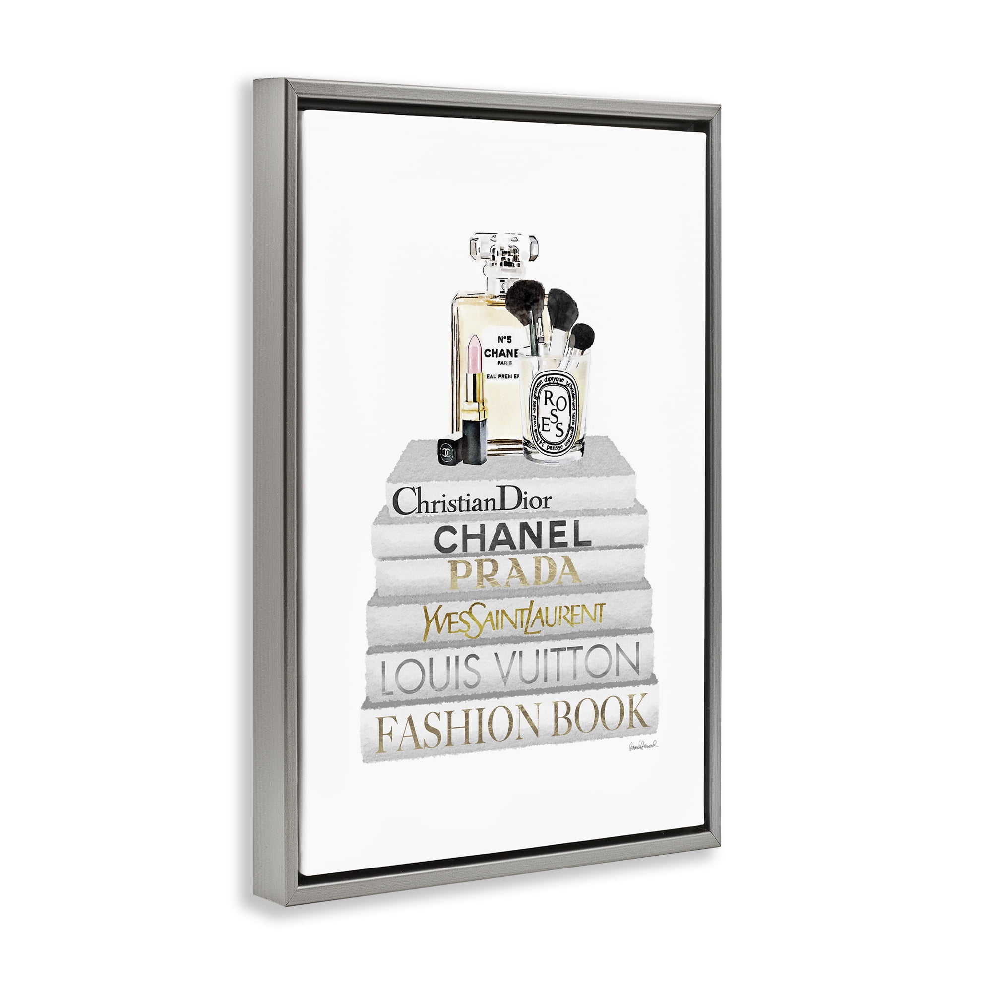 Stupell Industries Neat Bookstack with Makeup Fashion Painting Gray Floater Framed Canvas Art Print Wall Art, 17 x 25