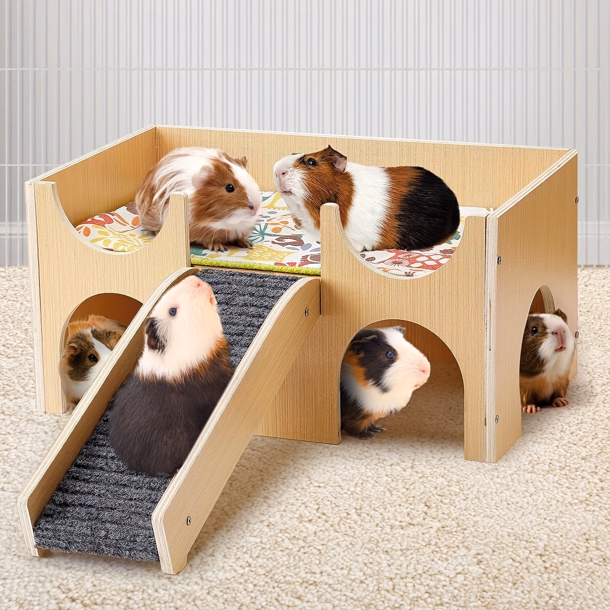 Upgraded Wooden Guinea Pig Castle Hideout, Sturdy Small Animal House Hut with Stair, Easy Assembly Pet Habitat Bed for Hamster Bunny Chinchilla Playing Hiding Rest