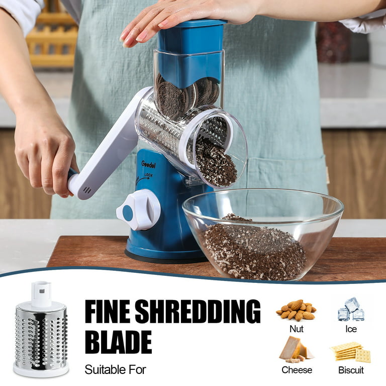 Geedel Rotary Cheese Grater with 3 Interchangeable Blades, Kitchen Mandoline Vegetable Slicer for Fruit, Nuts , Easy to Clean