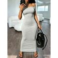 thumbnail image 3 of Womens Grey Off-The-Shoulder Ruched Short Sleeve Bodycon Long Dress, 3 of 5