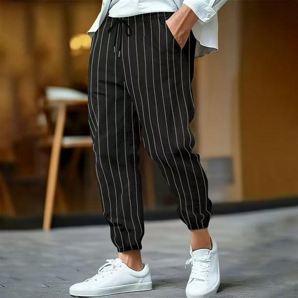 Pantalones largos para hombre, informales, a rayas, estampados, cintura elástica, cordón ajustable, bolsillo transpirable, pantalones tobilleros de poliéster para hombre.