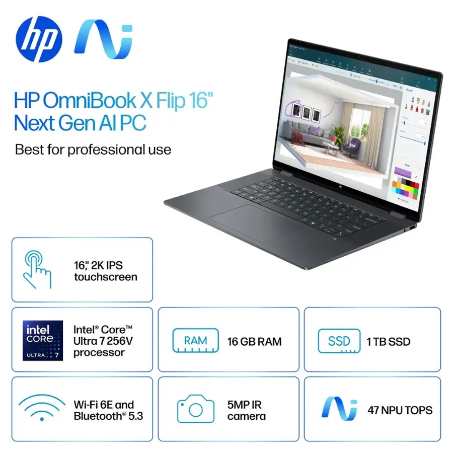 HP - OmniBook X Flip 2-in-1 - Copilot+ PC - 16" 2K Touch-Screen Laptop - Intel Core Ultra 7 - 16GB Memory - 1TB SSD - Eclipse Gray