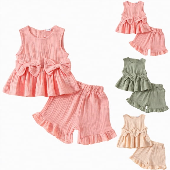 YDFCWXW Toddler Baby Girl Clothes Summer Linen Outfit Bows Ruffle Vest Shirts   Ruffled Short Set 12 18 24 Month 3T 4T 5T (Beige, 4-5 Years)