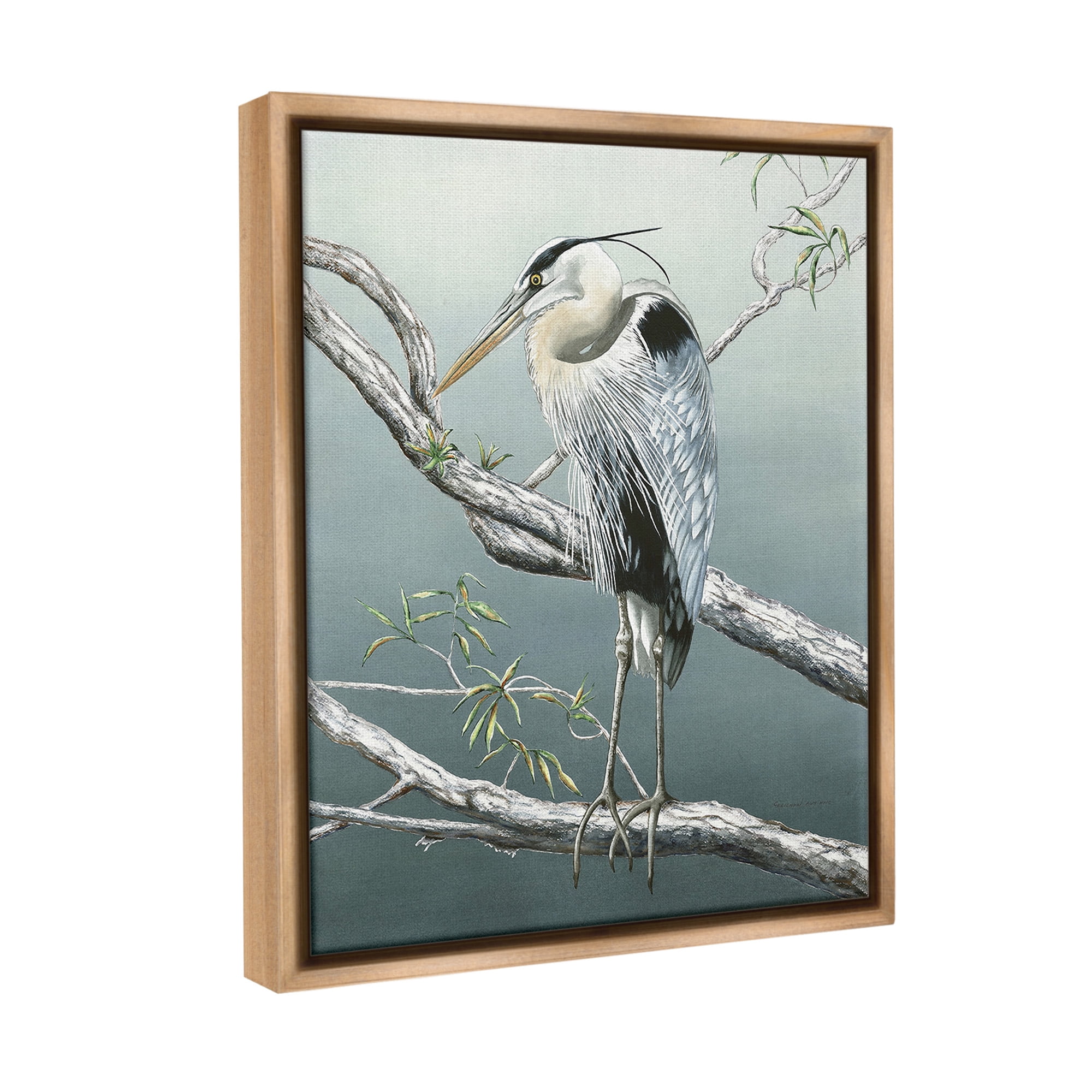 Stupell Industries Traditional Heron on Branch Animals & Insects Painting Brown Floater Framed Canvas Art Print Wall Art, 17 x 21